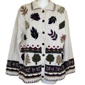 Northern Reflections Autumn Trees Cardigan Sweater Cotton Knit Vintage 90s